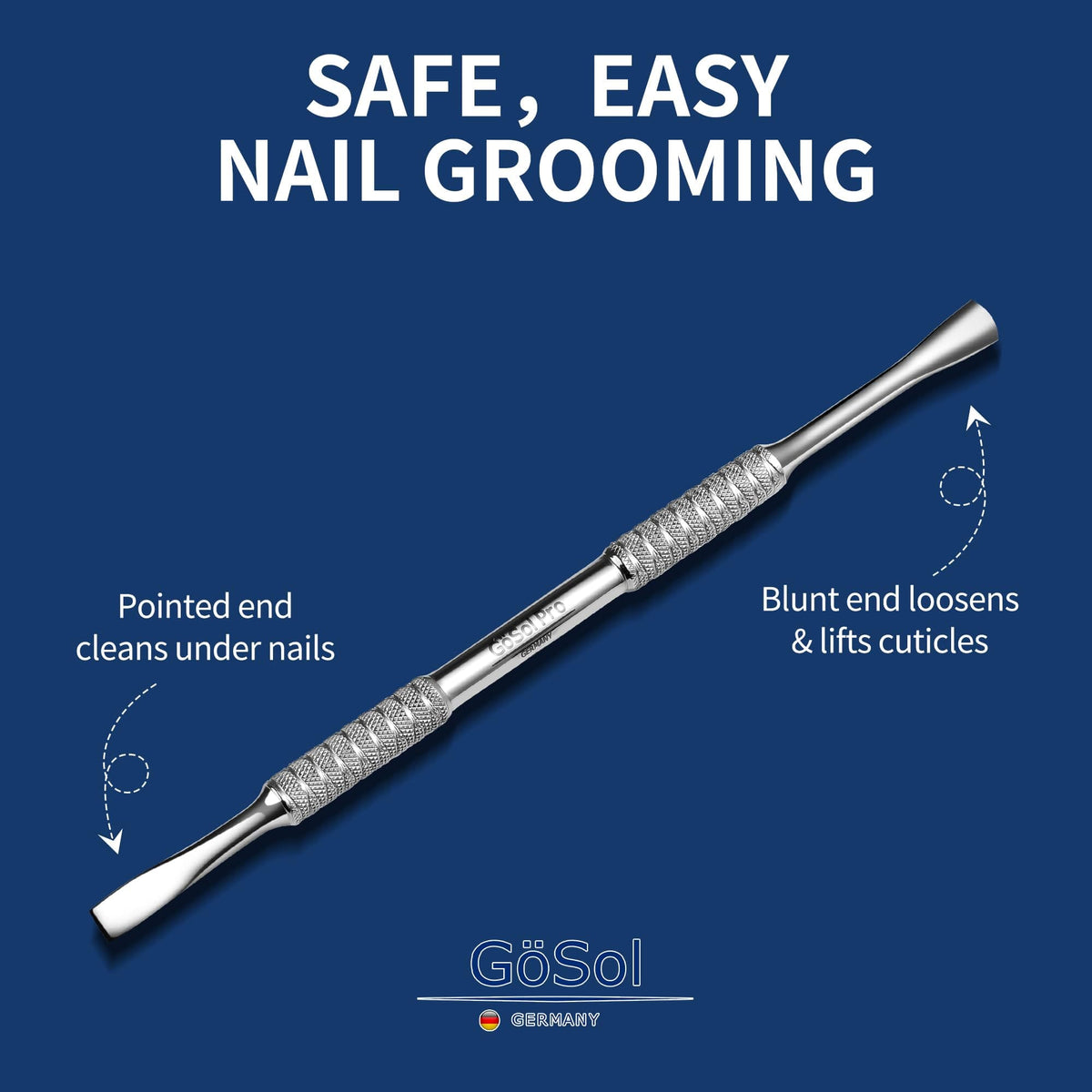 GöSol Pro Cuticle Pusher – Double-Ended Cuticle Remover, Curved & Straight Ends, Stainless Steel