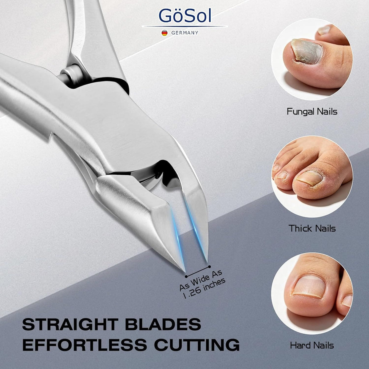 GöSol Toenail Clipper – Straight Blades for Thick & Ingrown Nails, Wide Jaw, Stainless Steel, Long Handle