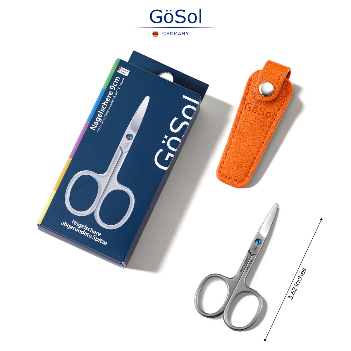 GöSol Eyebrow Scissors – Rounded Safety Tips, 25° Angled Design, 420 Stainless Steel, Orange Leather Case