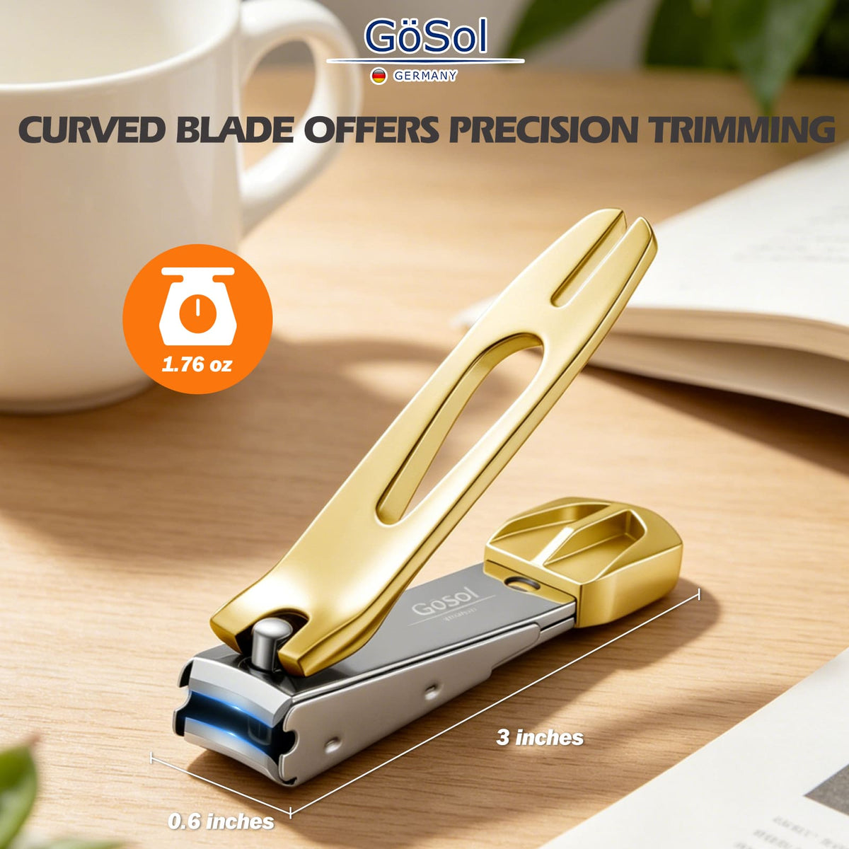 GöSol Anti-Splash Nail Clippers – Carbon Steel, Sharp Curved Blades, Nail Catcher, Secure Grip, Gold