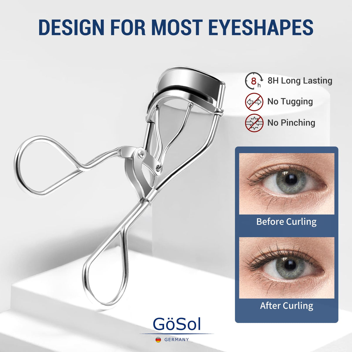 GöSol Eyelash Curler with 3 Refill Pads – Carbon Steel, Anti-Pinch, Fits Most Eye Shapes, Silver