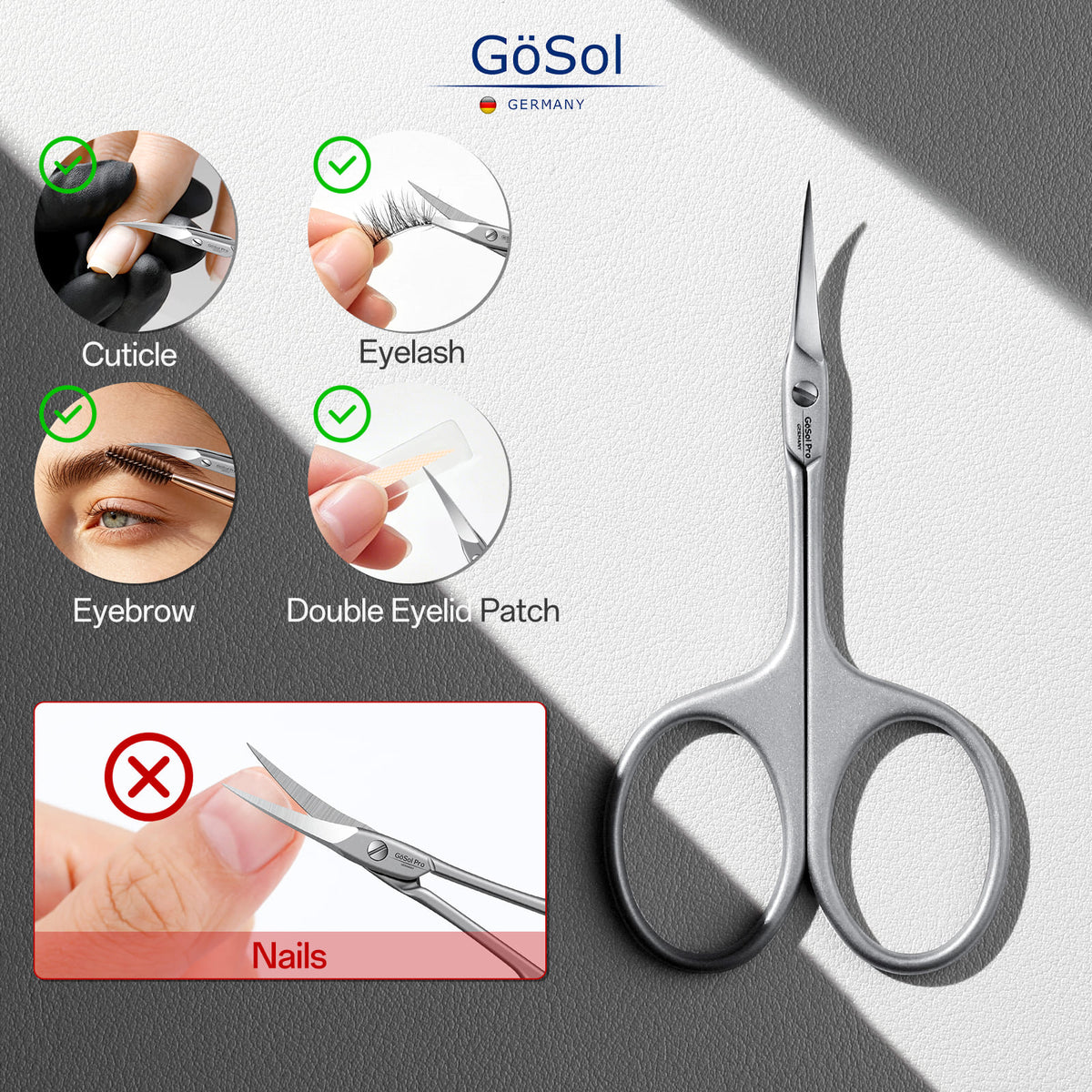 GöSol Pro Cuticle Scissors – Extra Fine Curved, Large Finger Rings, with Blue Case