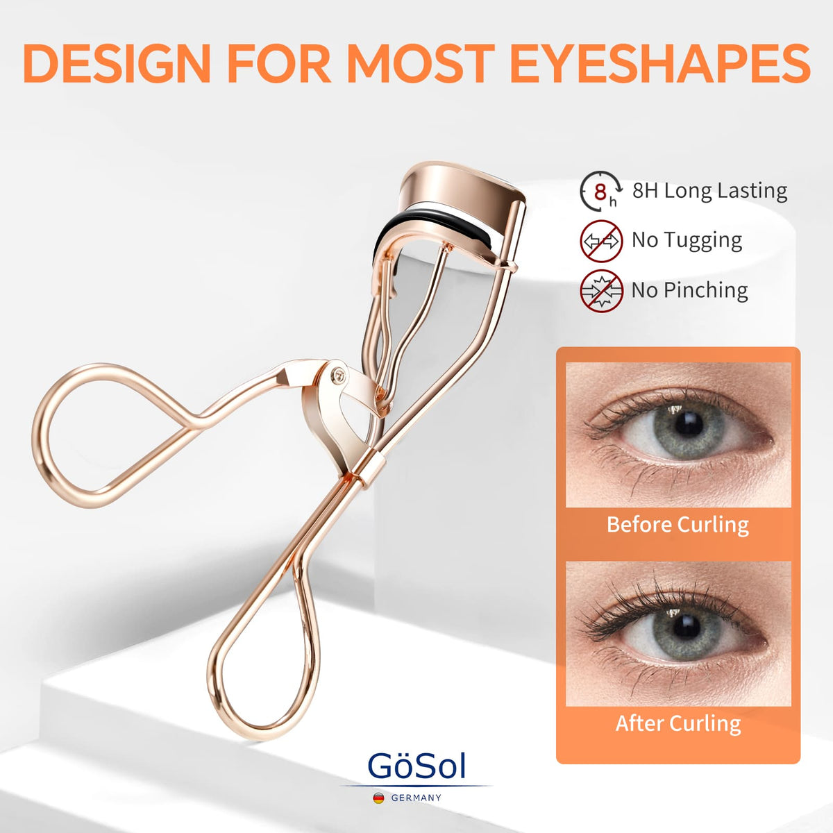 GöSol Eyelash Curler with 3 Refill Pads – Rose Gold, Anti-Pinch, Fits Most Eye Shapes