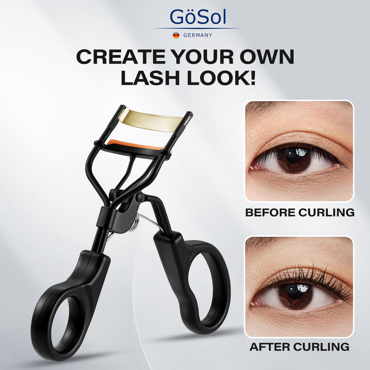 GöSol Professional Eyelash Curler with 3 Refill Pads – Stainless Steel, Wide-Angle, No Pinching, Protective Case