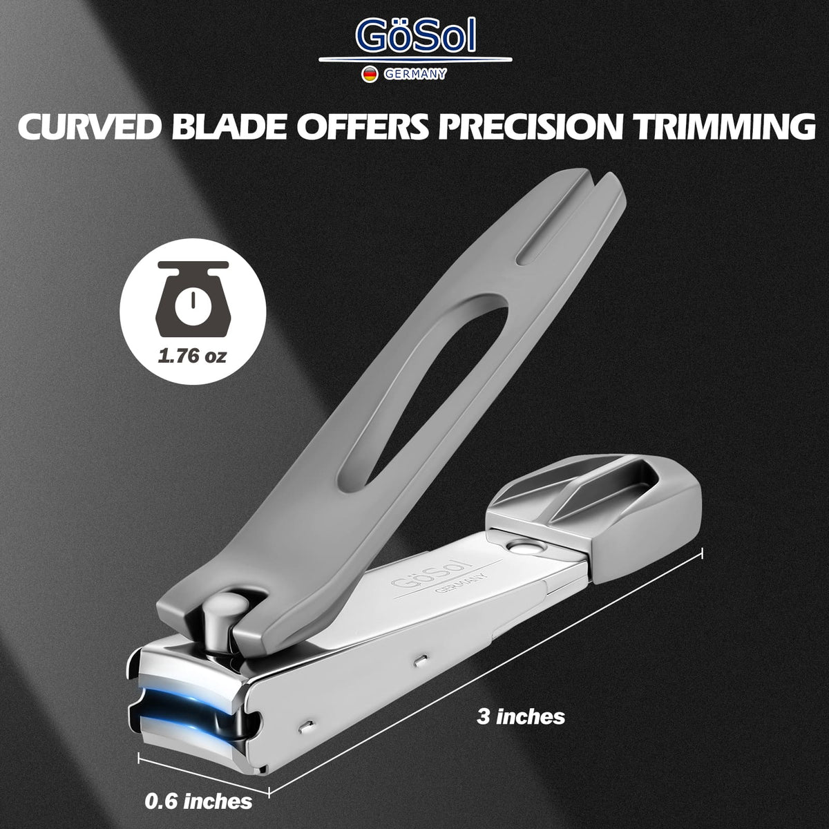 GöSol Anti-Splash Nail Clippers – Carbon Steel, Sharp Curved Blades, Nail Catcher, Secure Grip, Silver