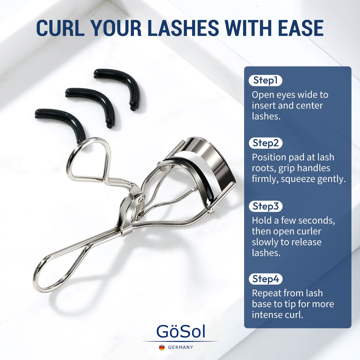 GöSol Eyelash Curler with 3 Refill Pads – Carbon Steel, Anti-Pinch, Fits Most Eye Shapes, Silver
