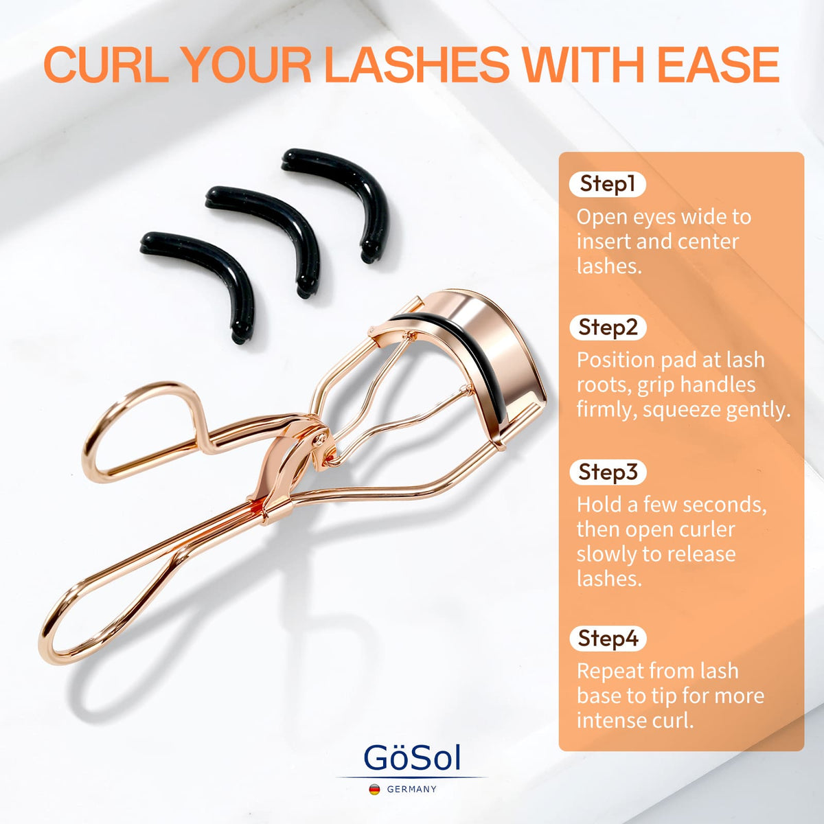 GöSol Eyelash Curler with 3 Refill Pads – Rose Gold, Anti-Pinch, Fits Most Eye Shapes