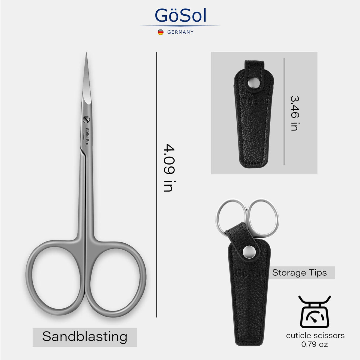 GöSol Pro Cuticle Scissors – Extra Fine Curved, Russian Style, Large Finger Rings, Stainless Steel, Black Case